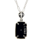 Back view of Genuine Black Onyx Filigree Pendant w/ Diamond showing 925 sterling silver hallmark and spring ring clasp
