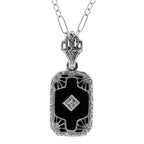 Filigree, Diamond, Black Onyx, sterling silver pendants, front view