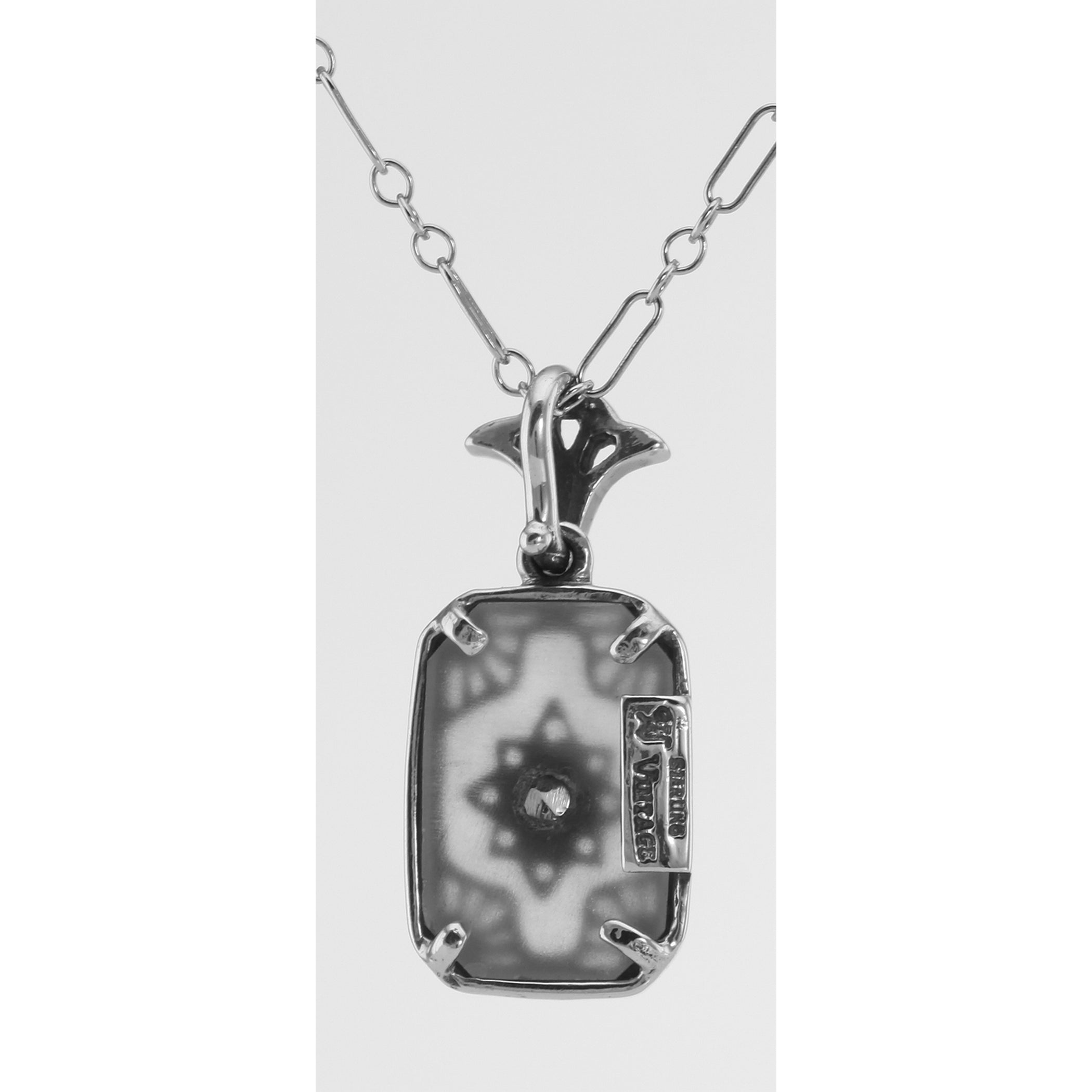 Back view of Crystal and Diamond Pendant with Chain showing 925 sterling silver hallmark and spring ring clasp