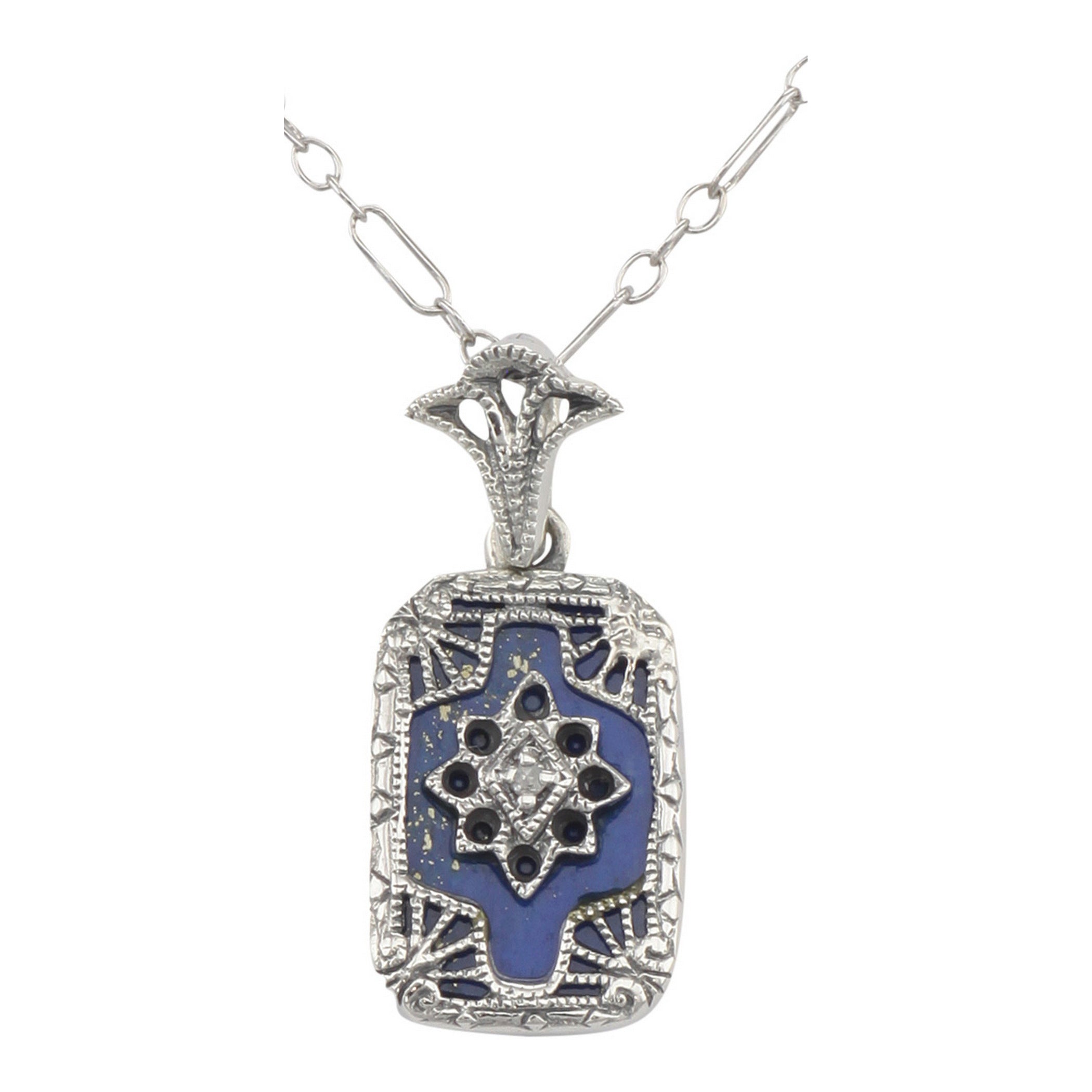 Filigree, Diamond, Lapis, sterling silver pendants, front view