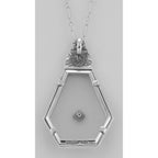 Back view of Art Deco Style Camphor Glass Filigree Pendant Diamond Chain Sterling Silver showing 925 sterling silver hallmark