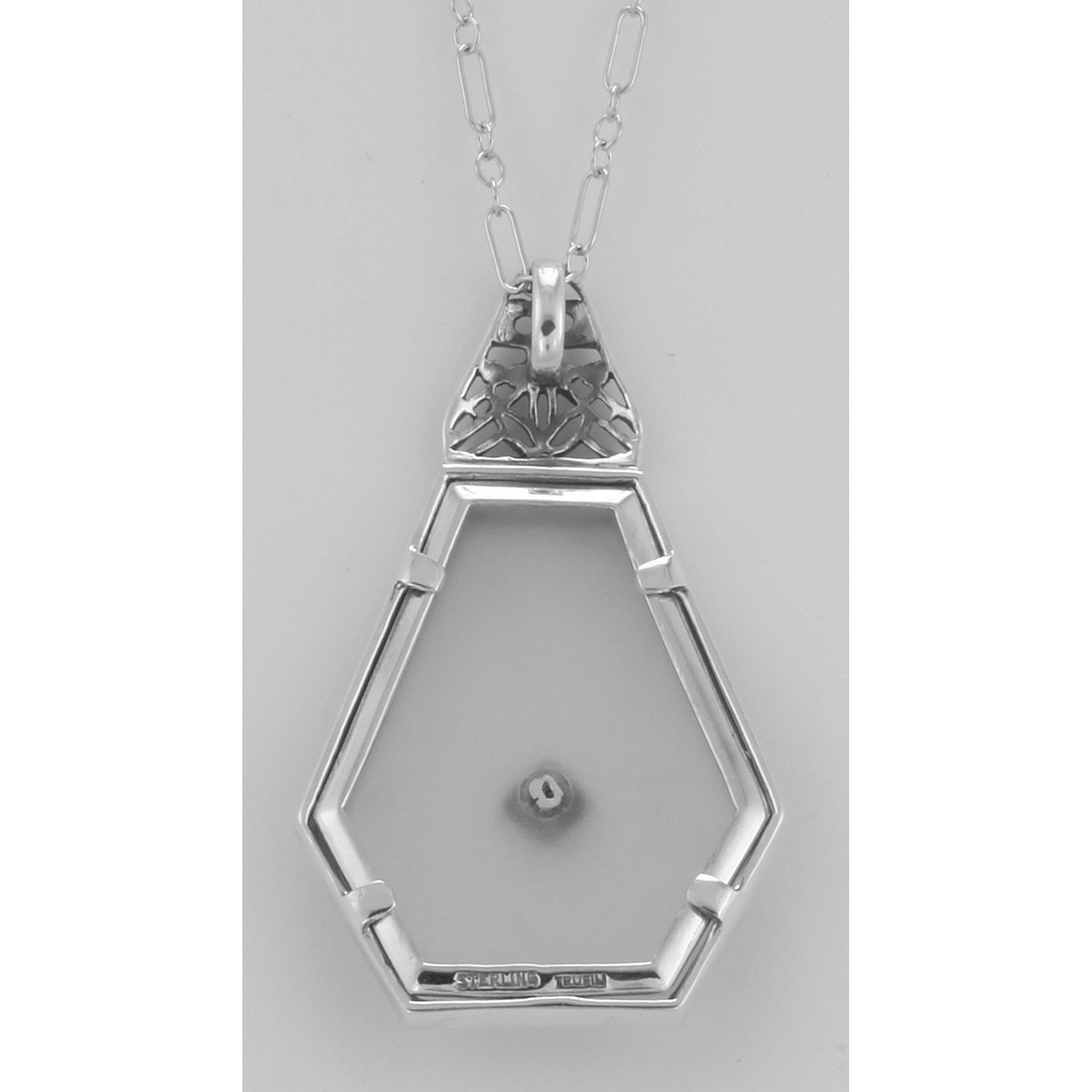 Back view of Art Deco Style Camphor Glass Filigree Pendant Diamond Chain Sterling Silver showing 925 sterling silver hallmark