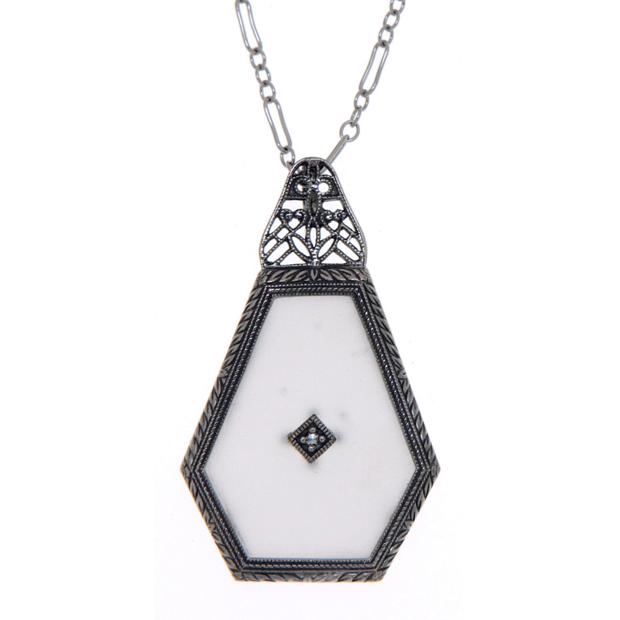 Art Deco style, Diamond, Camphor Glass, sterling silver pendants, front view