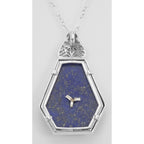 Back view of Art Deco Style Blue Lapis Filigree Pendant Diamond Chain showing 925 sterling silver hallmark and spring ring cl