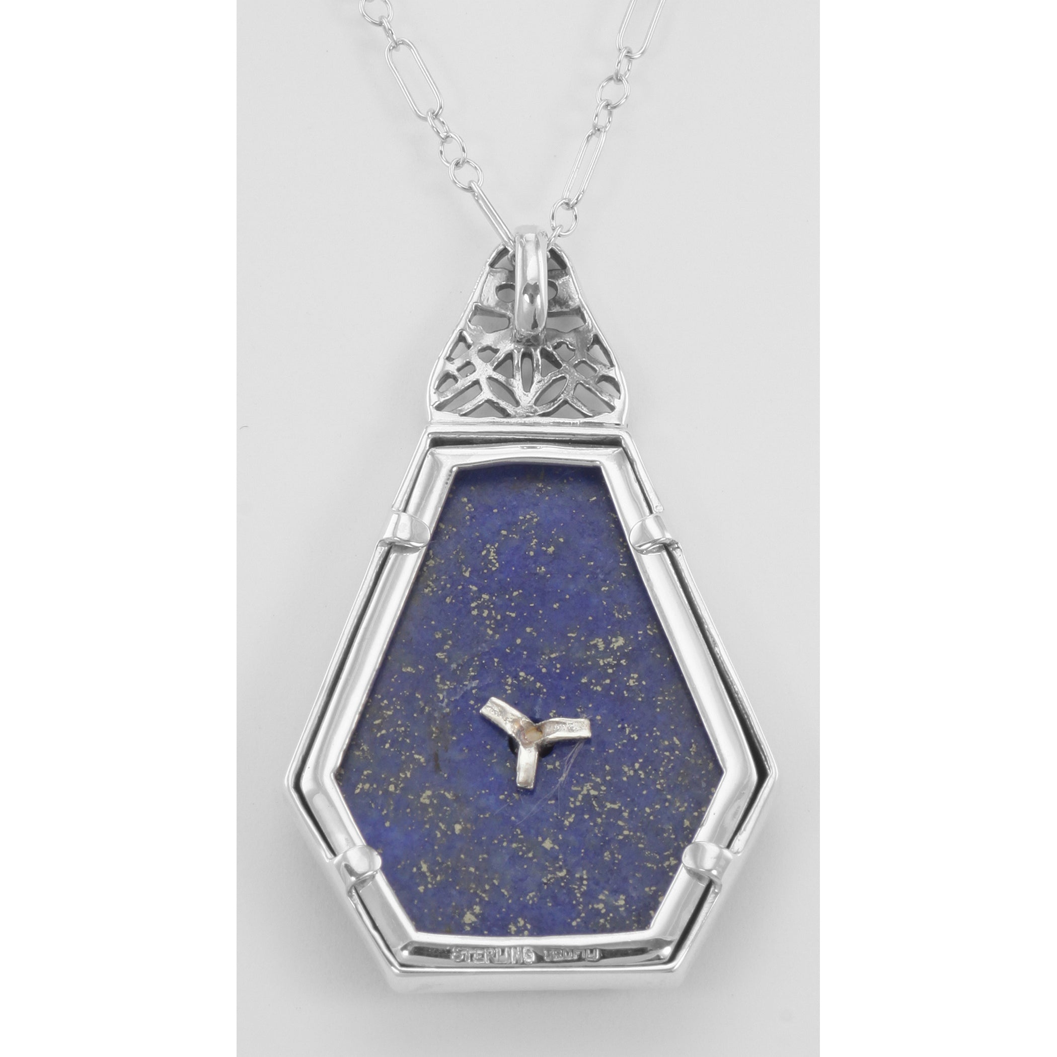 Back view of Art Deco Style Blue Lapis Filigree Pendant Diamond Chain showing 925 sterling silver hallmark and spring ring cl