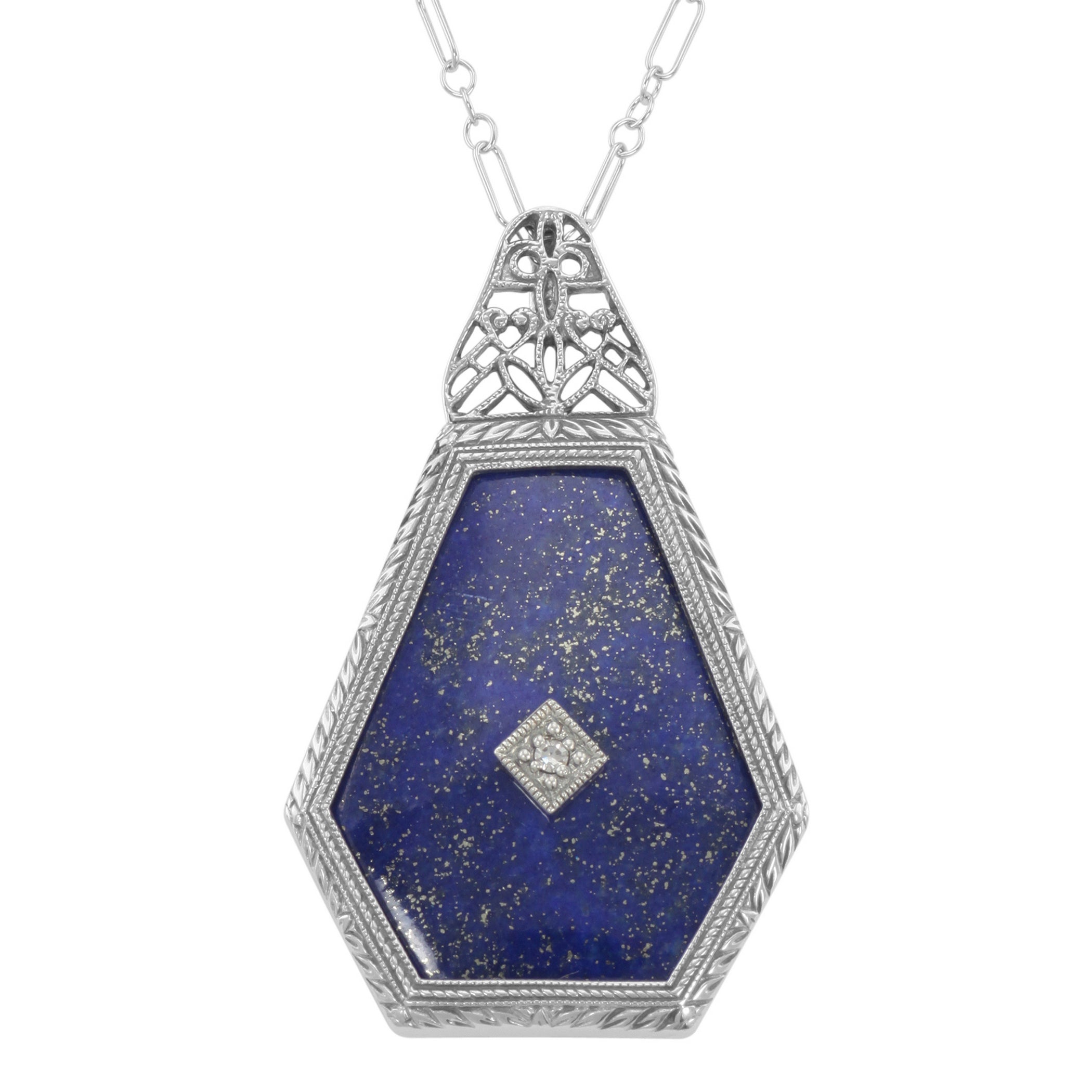 Art Deco style, Diamond, Lapis, sterling silver pendants, front view
