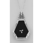 Back view of Art Deco Style Black Spinel Filigree Pendant Diamond Chain showing 925 sterling silver hallmark and spring ring 
