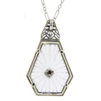 Back view of Art Deco Style Sunray Camphor Glass Filigree Pendant Diamond Sterling Silver showing 925 sterling silver hallmar