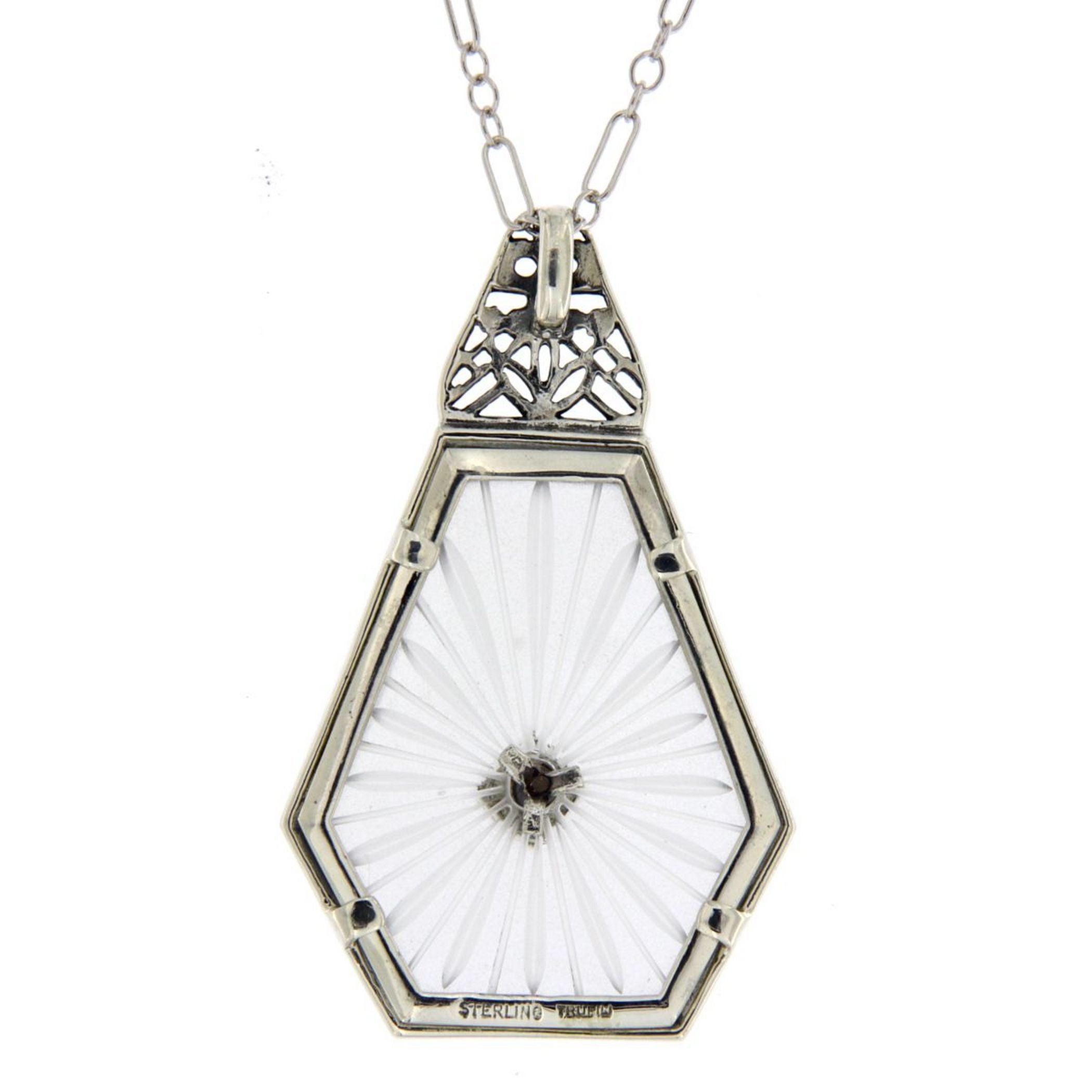 Back view of Art Deco Style Sunray Camphor Glass Filigree Pendant Diamond Sterling Silver showing 925 sterling silver hallmar