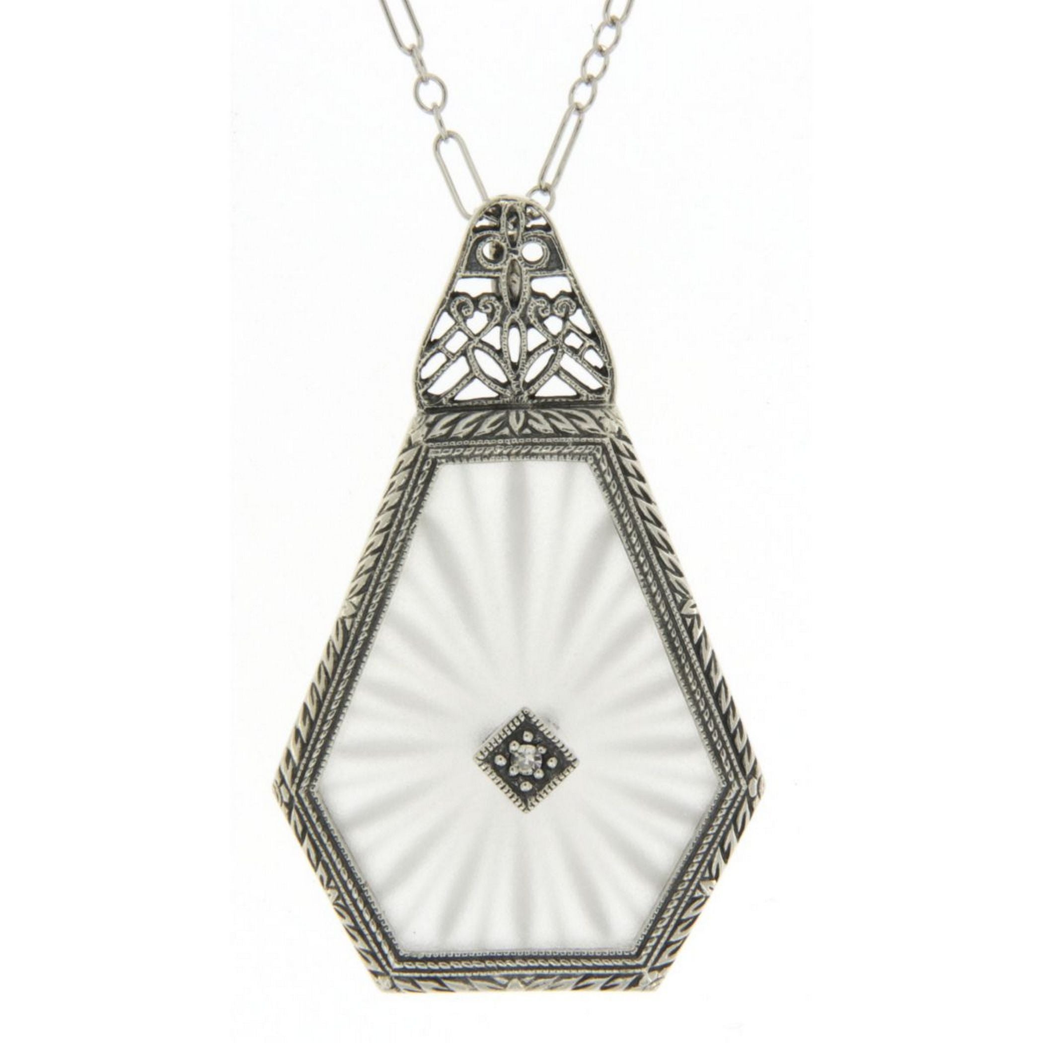 Art Deco style, Diamond, Camphor Glass, sterling silver pendants, front view