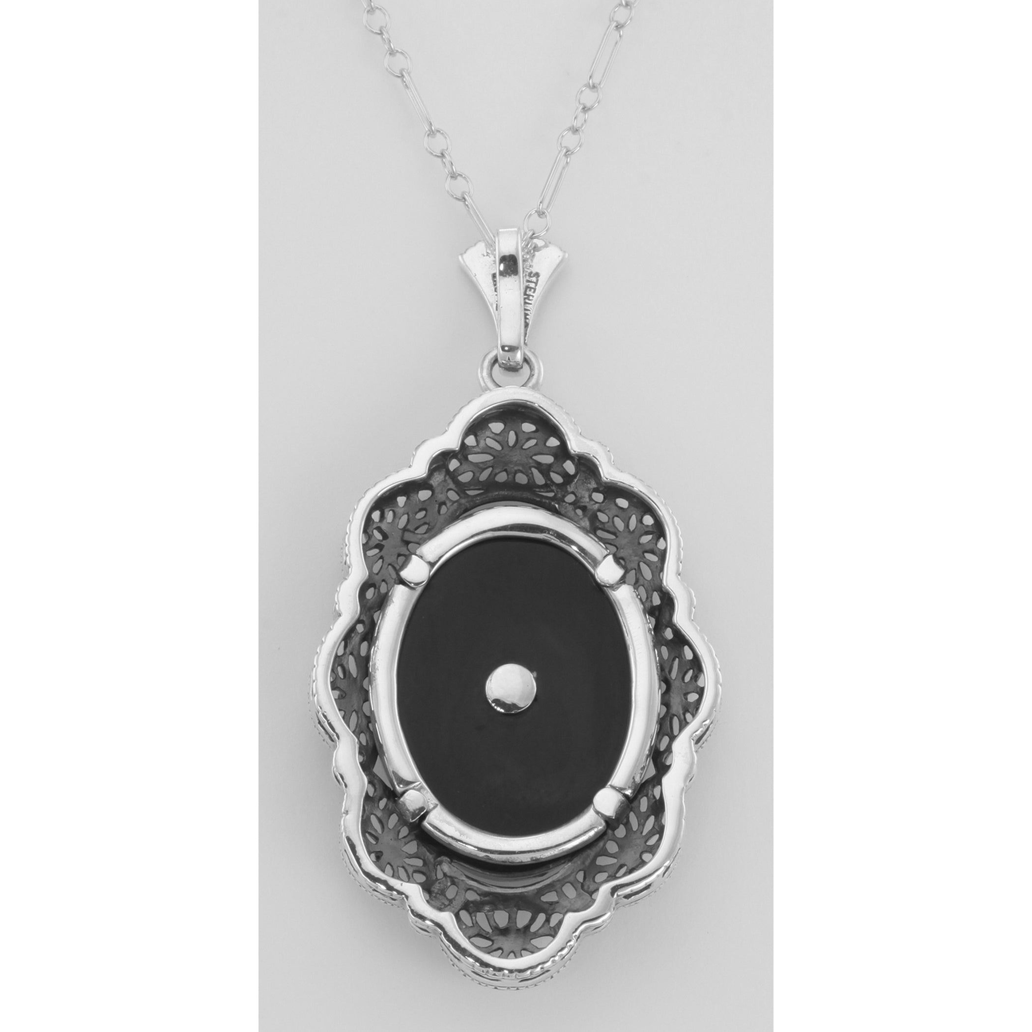 Back view of Art Deco Style Black Onyx and Diamond Filigree Pendant w/ Chain Sterling Silver showing 925 sterling silver hall