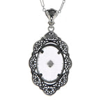 Back view of Art Deco Style Blue Camphor Glass and Diamond Filigree Pendant Sterling Silver showing 925 sterling silver hallm