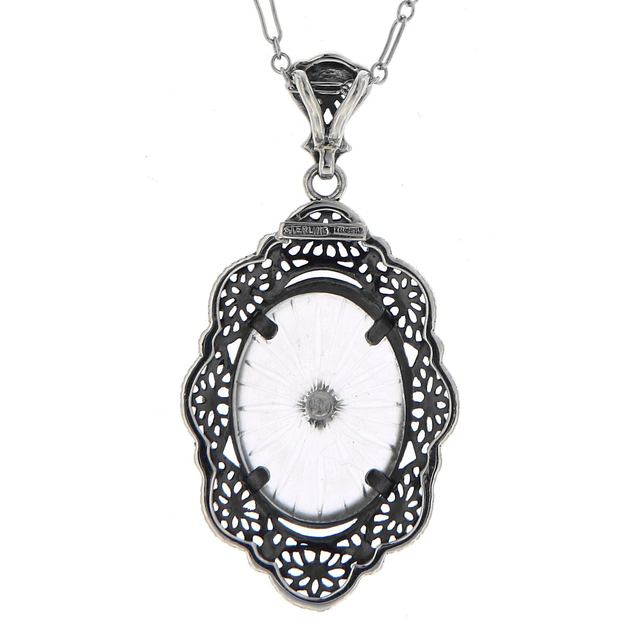 Back view of Art Deco Style Blue Camphor Glass and Diamond Filigree Pendant Sterling Silver showing 925 sterling silver hallm