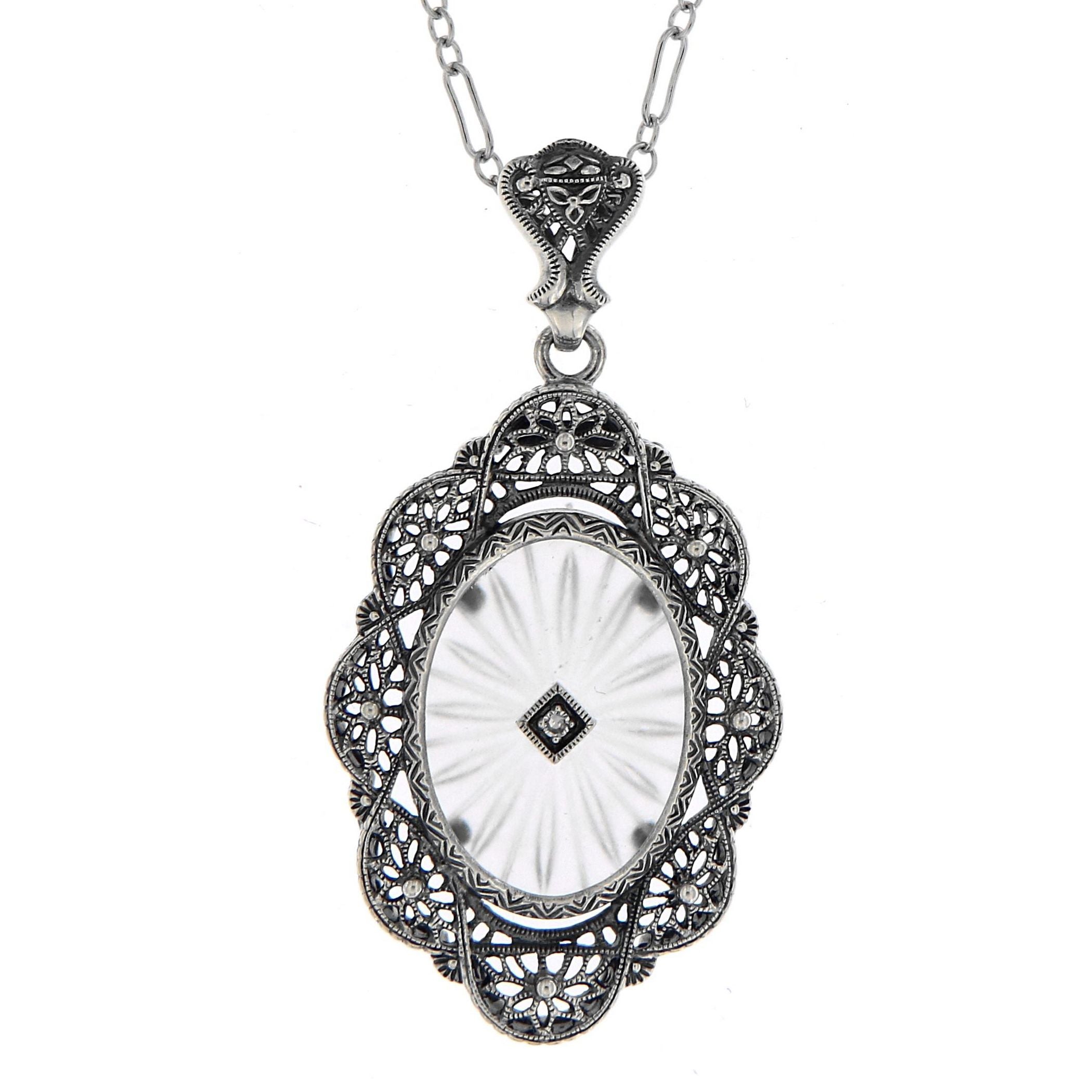 Art Deco style, Diamond, Camphor Glass, sterling silver pendants, front view