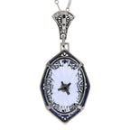Back view of Victorian Style Blue Sunray Crystal Filigree Diamond Pendant showing 925 sterling silver hallmark and spring rin