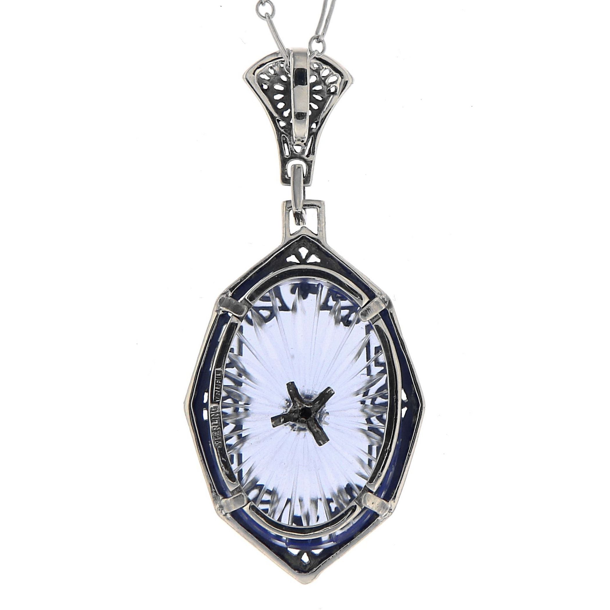 Back view of Victorian Style Blue Sunray Crystal Filigree Diamond Pendant showing 925 sterling silver hallmark and spring rin
