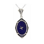 Back view of Antique Victorian Style Blue Lapis Filigree Diamond Pendant showing 925 sterling silver hallmark and spring ring