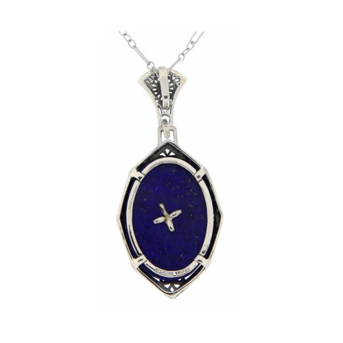 Back view of Antique Victorian Style Blue Lapis Filigree Diamond Pendant showing 925 sterling silver hallmark and spring ring