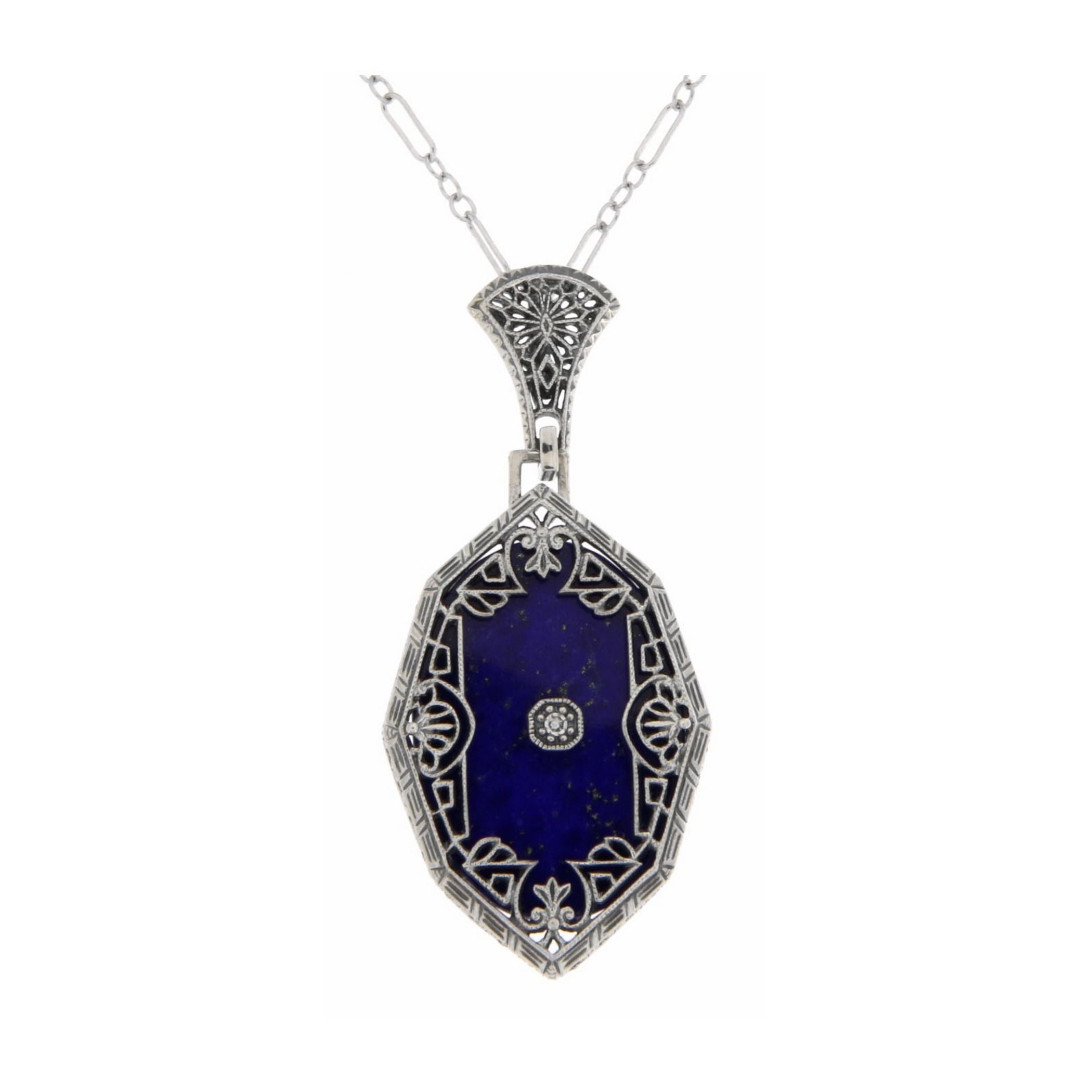 Victorian style, Diamond, Lapis, sterling silver pendants, front view