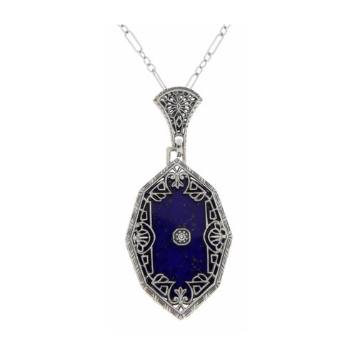 Victorian style, Diamond, Lapis, sterling silver pendants, front view