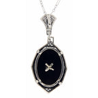 Back view of Antique Victorian Style Black Onyx Filigree Diamond Pendant showing 925 sterling silver hallmark and spring ring