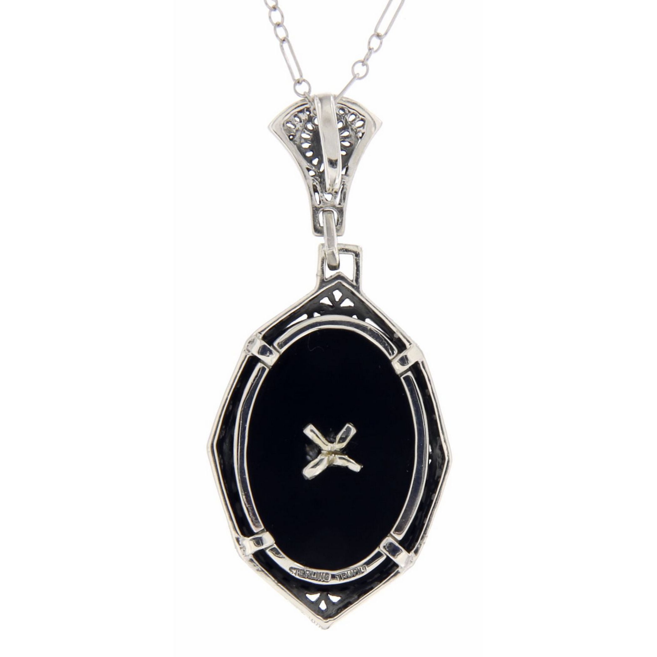 Back view of Antique Victorian Style Black Onyx Filigree Diamond Pendant showing 925 sterling silver hallmark and spring ring