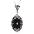 Victorian style, Diamond, Black Onyx, sterling silver pendants, front view