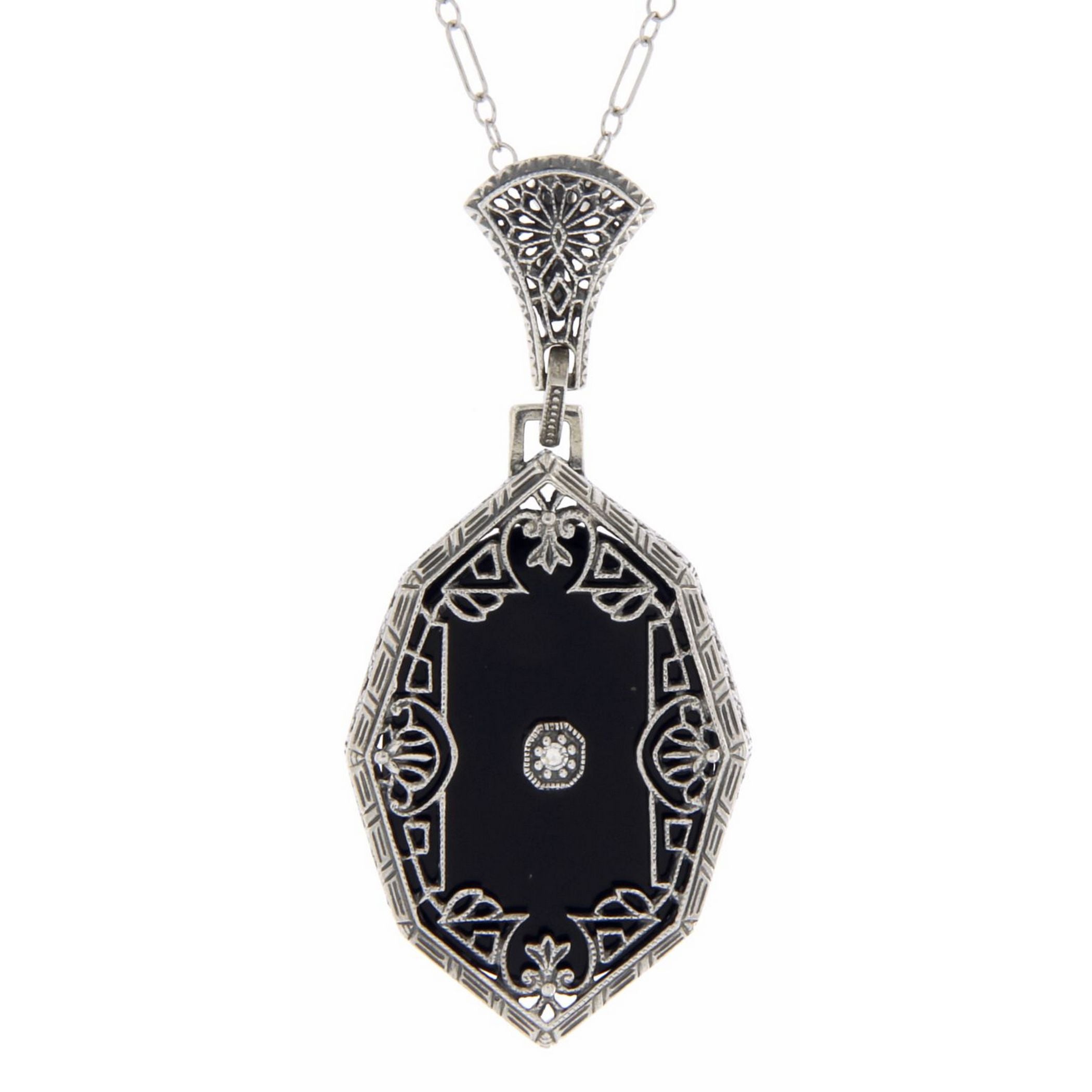 Victorian style, Diamond, Black Onyx, sterling silver pendants, front view