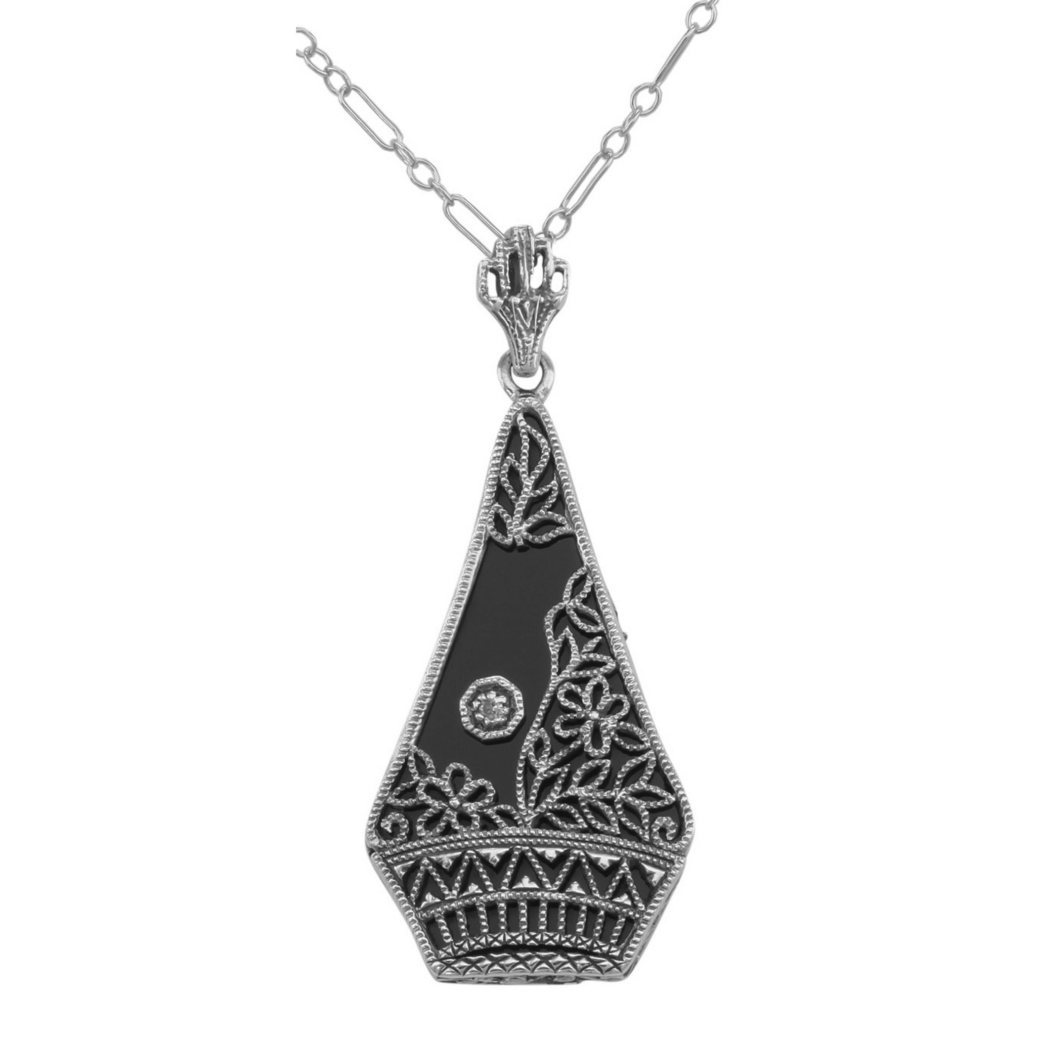 Art Deco style, Diamond, Black Onyx, sterling silver pendants, front view