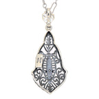Back view of Art Deco Style Filigree Pendant w/ genuine diamond gemstone showing 925 sterling silver hallmark and spring ring