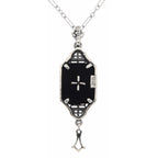 Back view of Art Deco Style Black Onyx Dangle Filigree Diamond Pendant Sterling Silver showing 925 sterling silver hallmark a