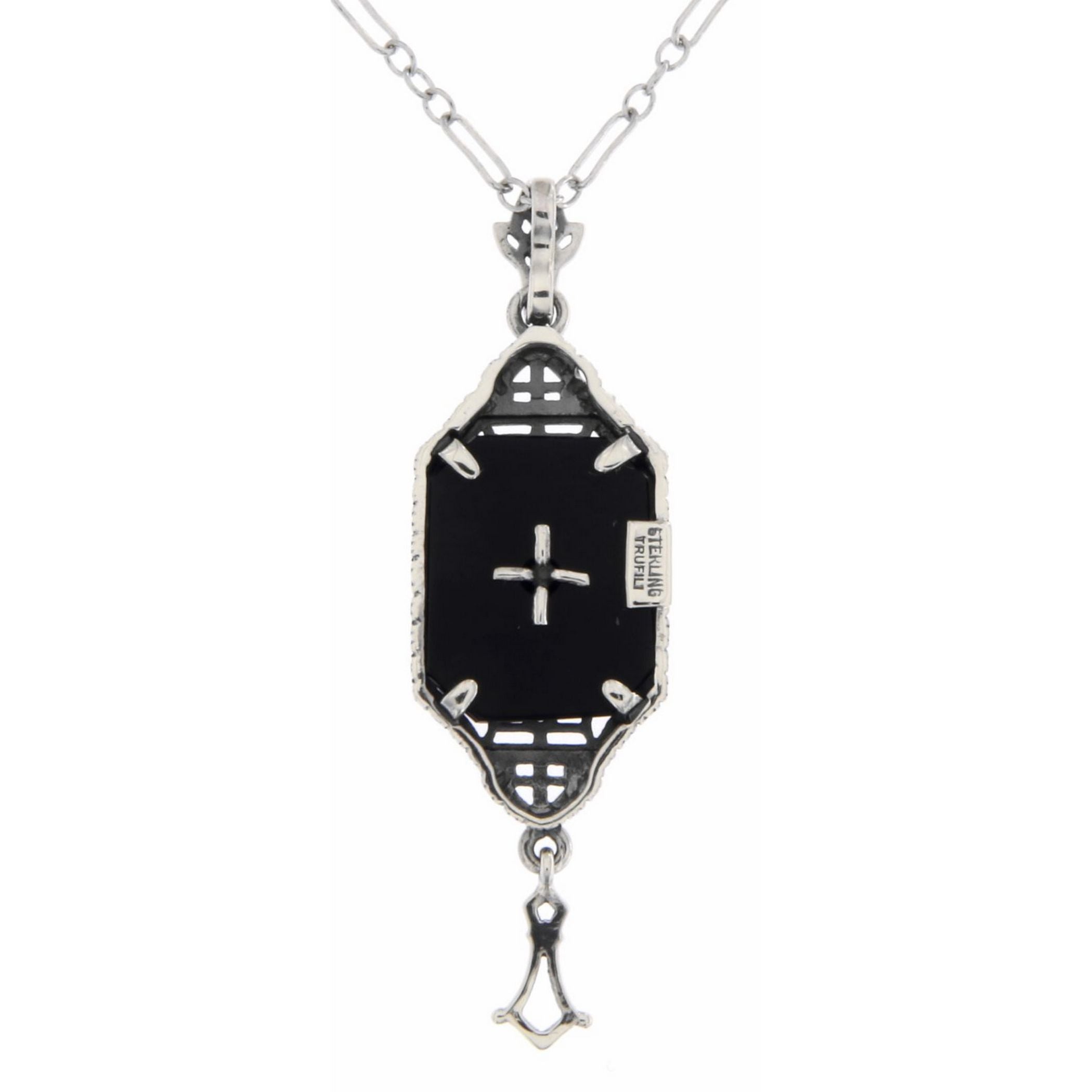 Back view of Art Deco Style Black Onyx Dangle Filigree Diamond Pendant Sterling Silver showing 925 sterling silver hallmark a