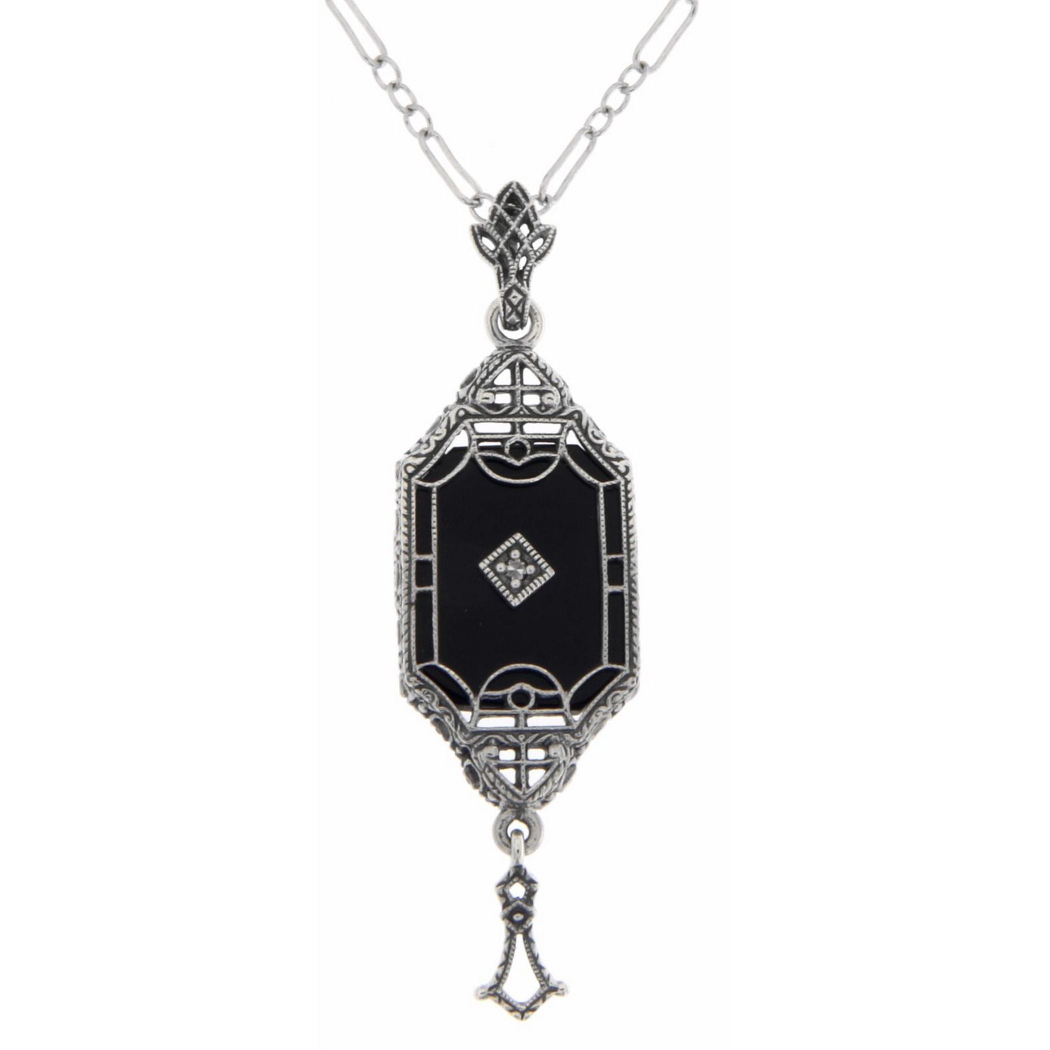 Art Deco style, Diamond, Black Onyx, sterling silver pendants, front view