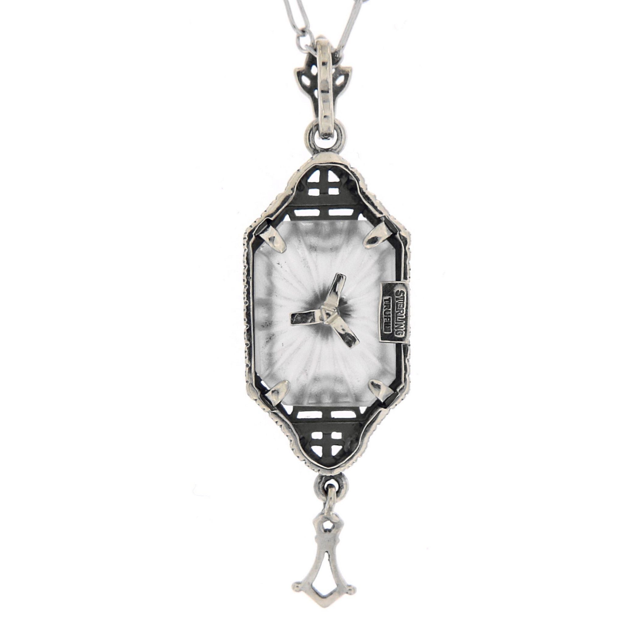 Back view of Art Deco Style Sunray Crystal Dangle Filigree Diamond Pendant Sterling Silver showing 925 sterling silver hallma