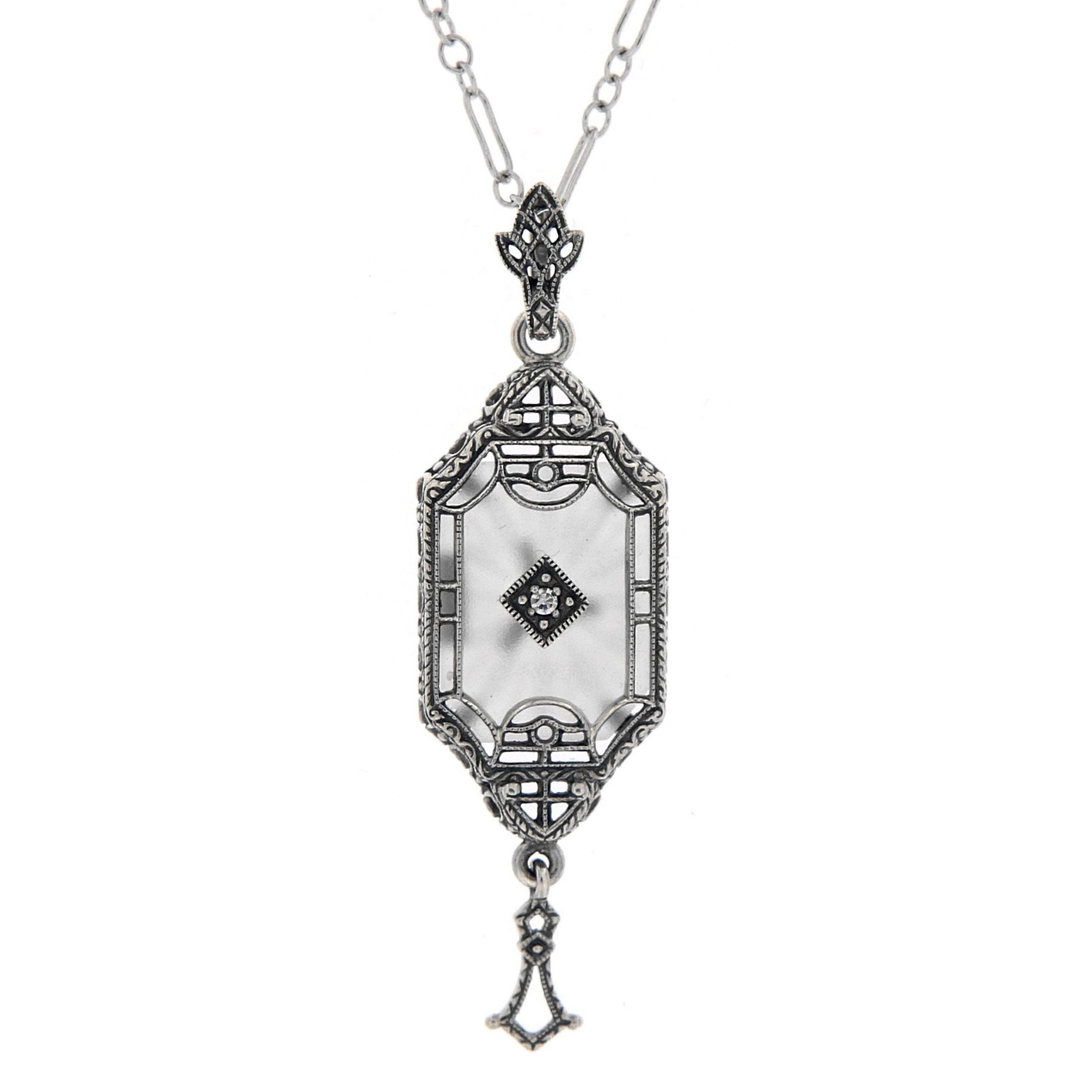 Art Deco style, Diamond, Crystal, sterling silver pendants, front view