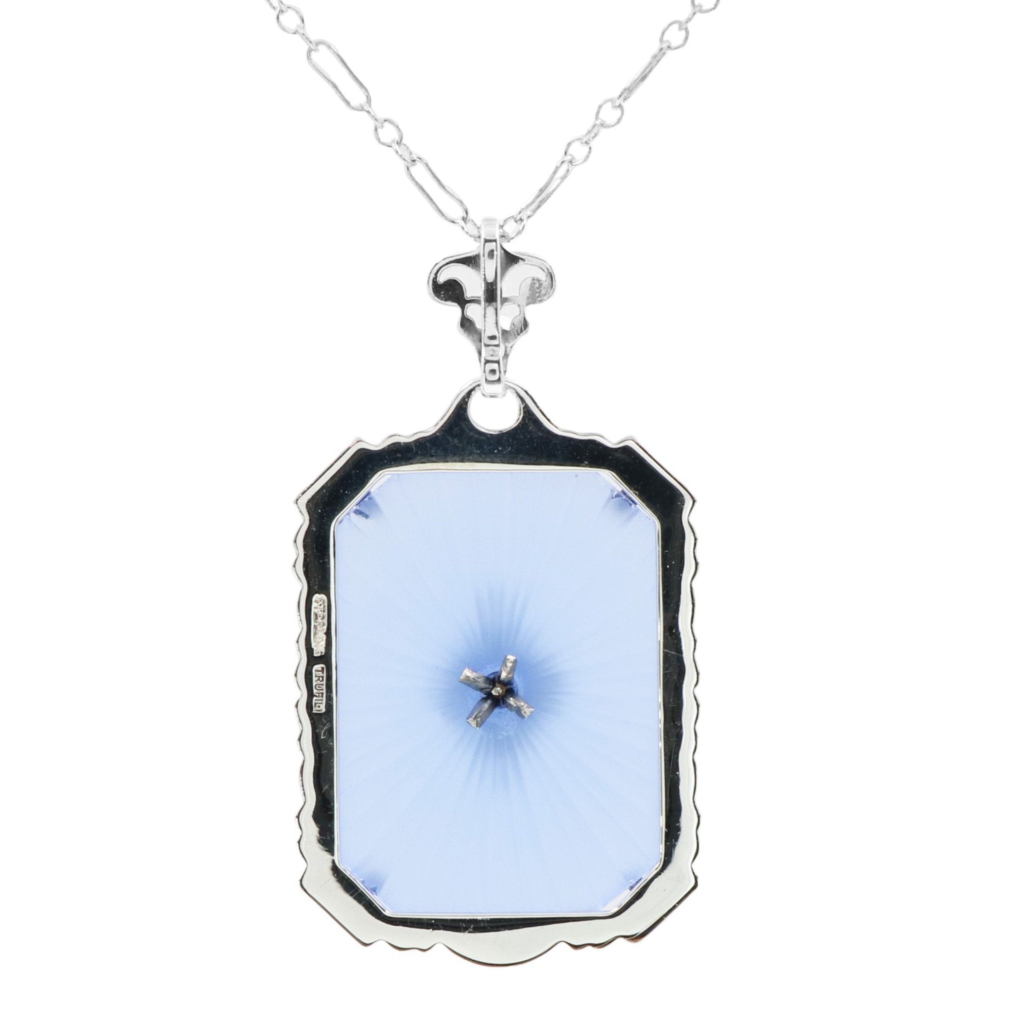 Back view of Filigree Pendant w/ blue pressed glass crystal with diamond Sterling Silver showing 925 sterling silver hallmark