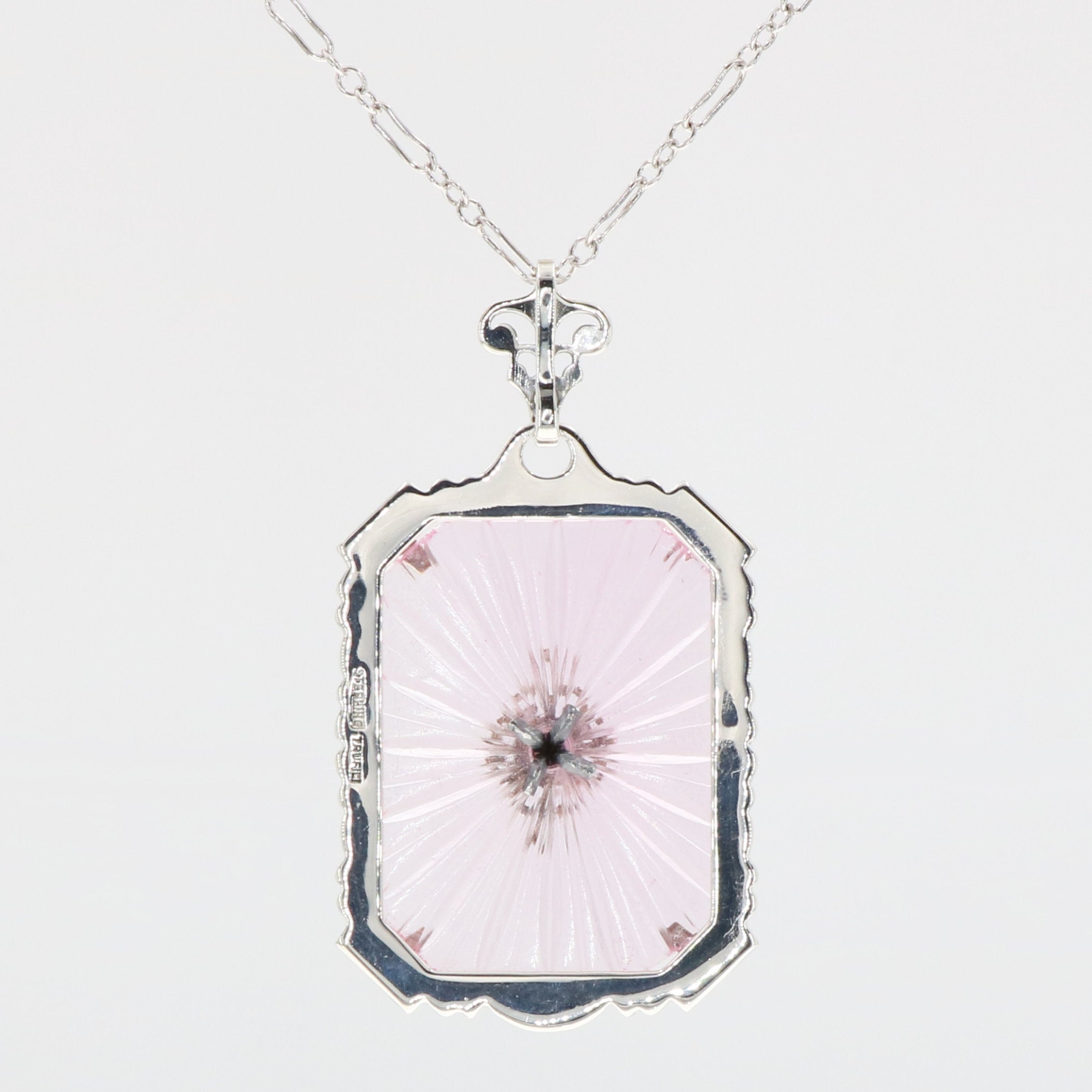 Back view of Filigree Pendant Pink Sunray Crystal w/ Diamond Center showing 925 sterling silver hallmark and spring ring clas