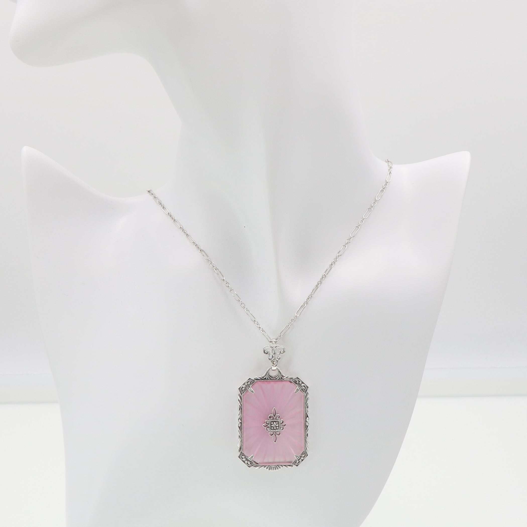 Detail view of Filigree Pendant Pink Sunray Crystal w/ Diamond Center highlighting Diamond, Crystal