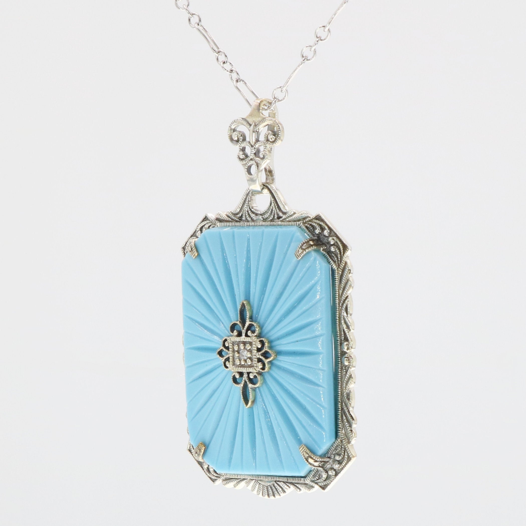 Back view of Filigree Pendant turquoise pressed glass crystal with diamond Sterling Silver showing 925 sterling silver hallma