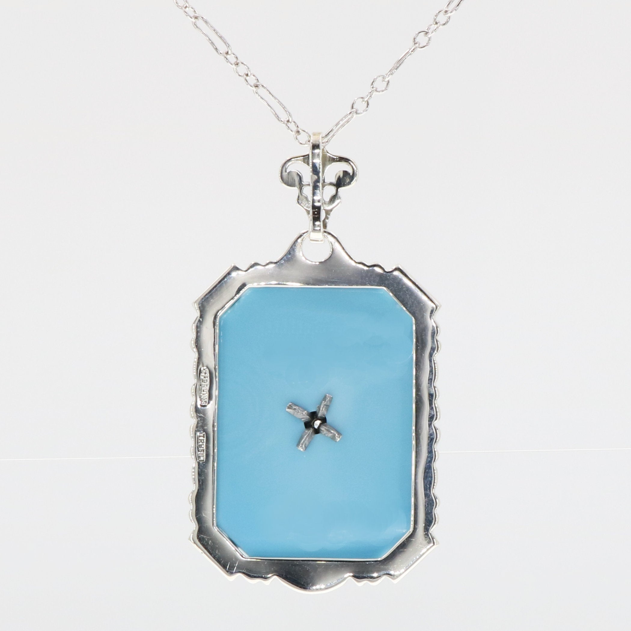Detail view of Filigree Pendant turquoise pressed glass crystal with diamond Sterling Silver highlighting Diamond, Turquoise