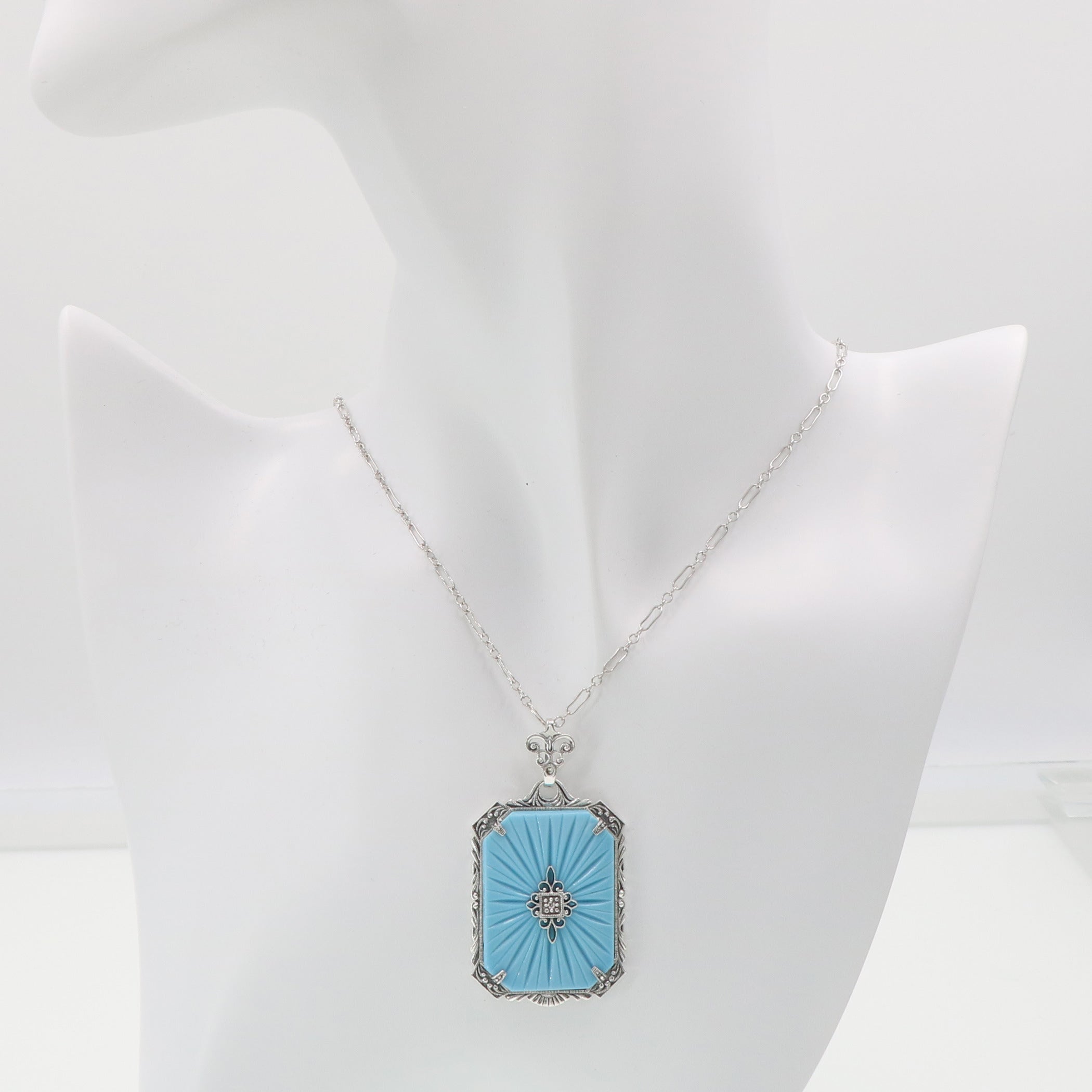 Detail view of Filigree Pendant turquoise pressed glass crystal with diamond Sterling Silver highlighting Diamond, Turquoise