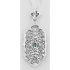 Back view of Art Deco Style Filigree Emerald Pendant showing 925 sterling silver hallmark and spring ring clasp