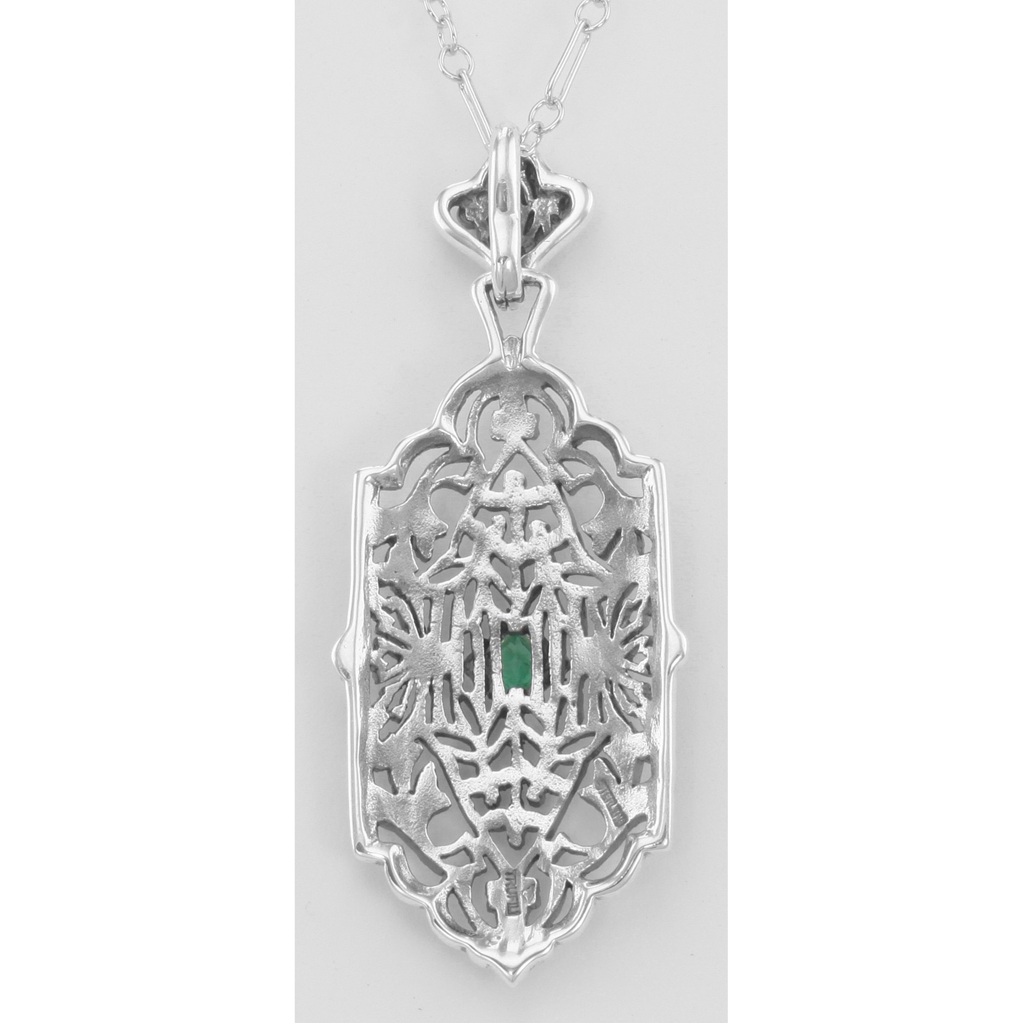 Back view of Art Deco Style Filigree Emerald Pendant showing 925 sterling silver hallmark and spring ring clasp