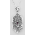 Back view of Art Deco Style Filigree Ruby Pendant showing 925 sterling silver hallmark and spring ring clasp