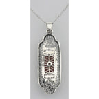 Back view of Beautiful Red Carnelian Filigree Pendant w/ Diamond showing 925 sterling silver hallmark and spring ring clasp