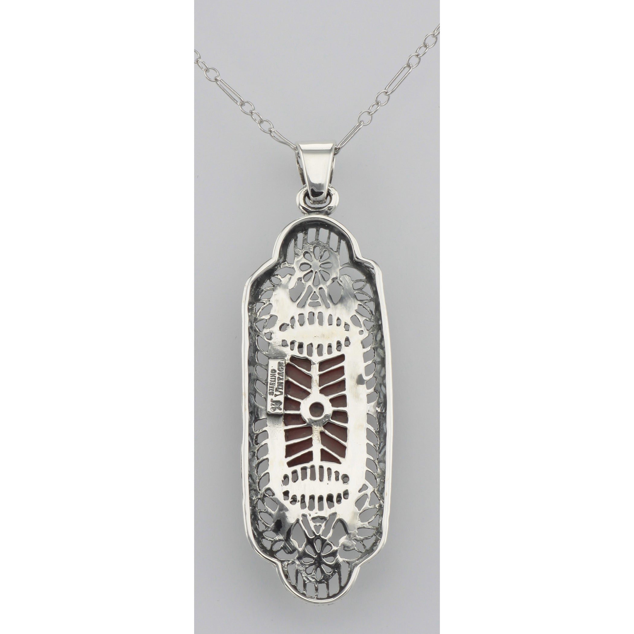 Back view of Beautiful Red Carnelian Filigree Pendant w/ Diamond showing 925 sterling silver hallmark and spring ring clasp