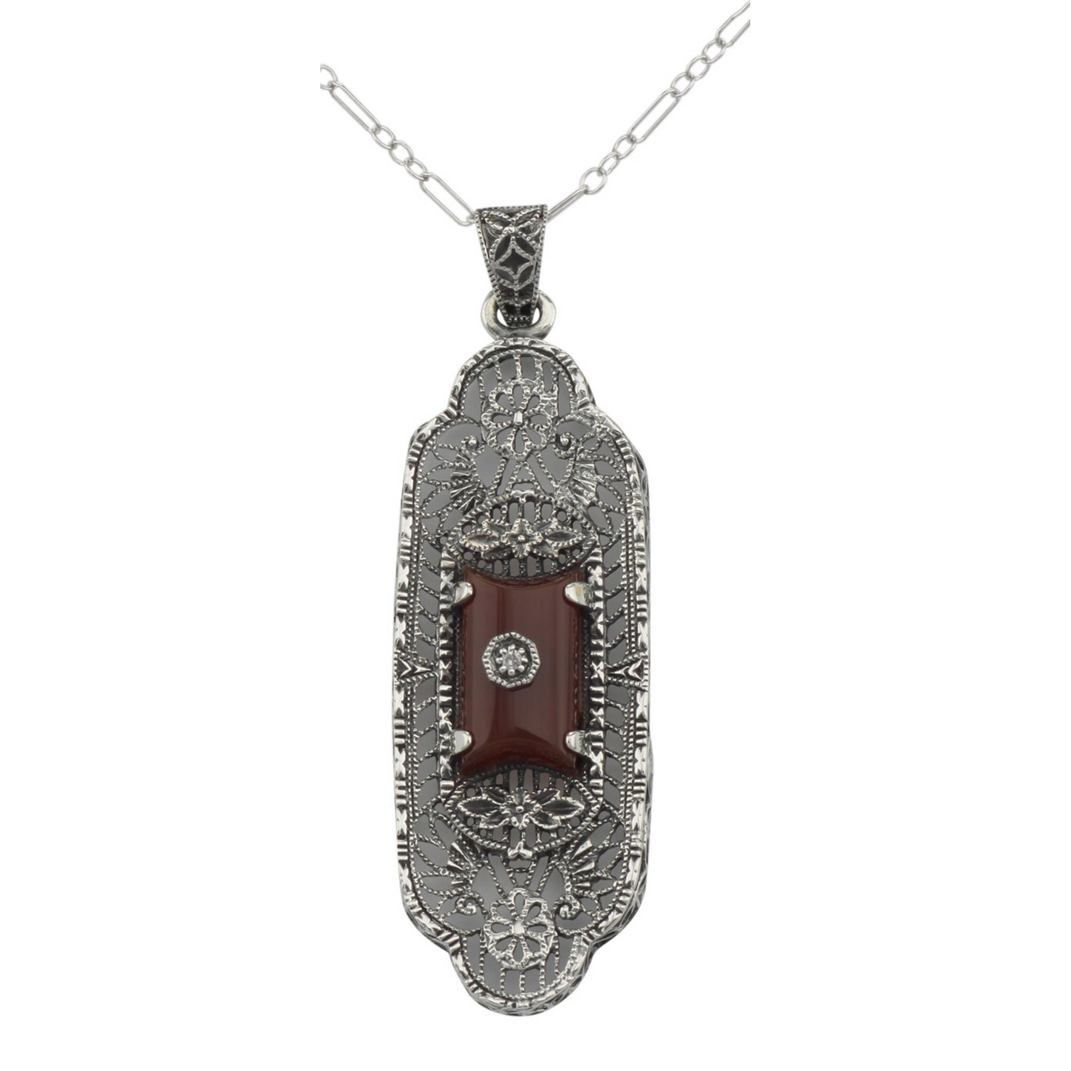 Filigree, Diamond, Carnelian, sterling silver pendants, front view