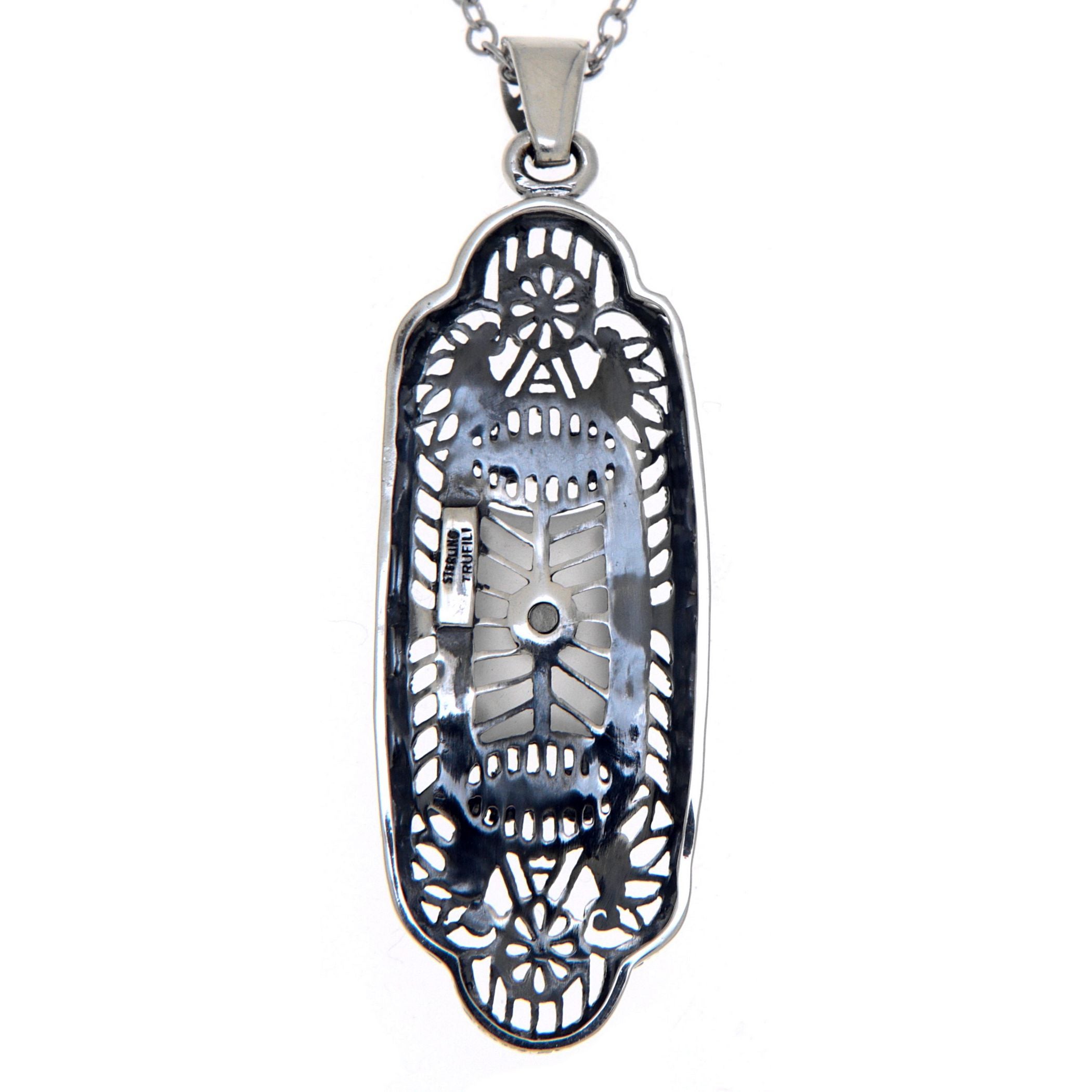 Back view of Victorian Style Frosted Crystal Filigree Pendant w/ Diamond showing 925 sterling silver hallmark and spring ring