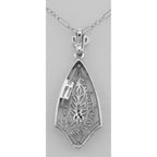 Back view of Art Deco Style Filigree Pendant w/ Diamond showing 925 sterling silver hallmark and spring ring clasp