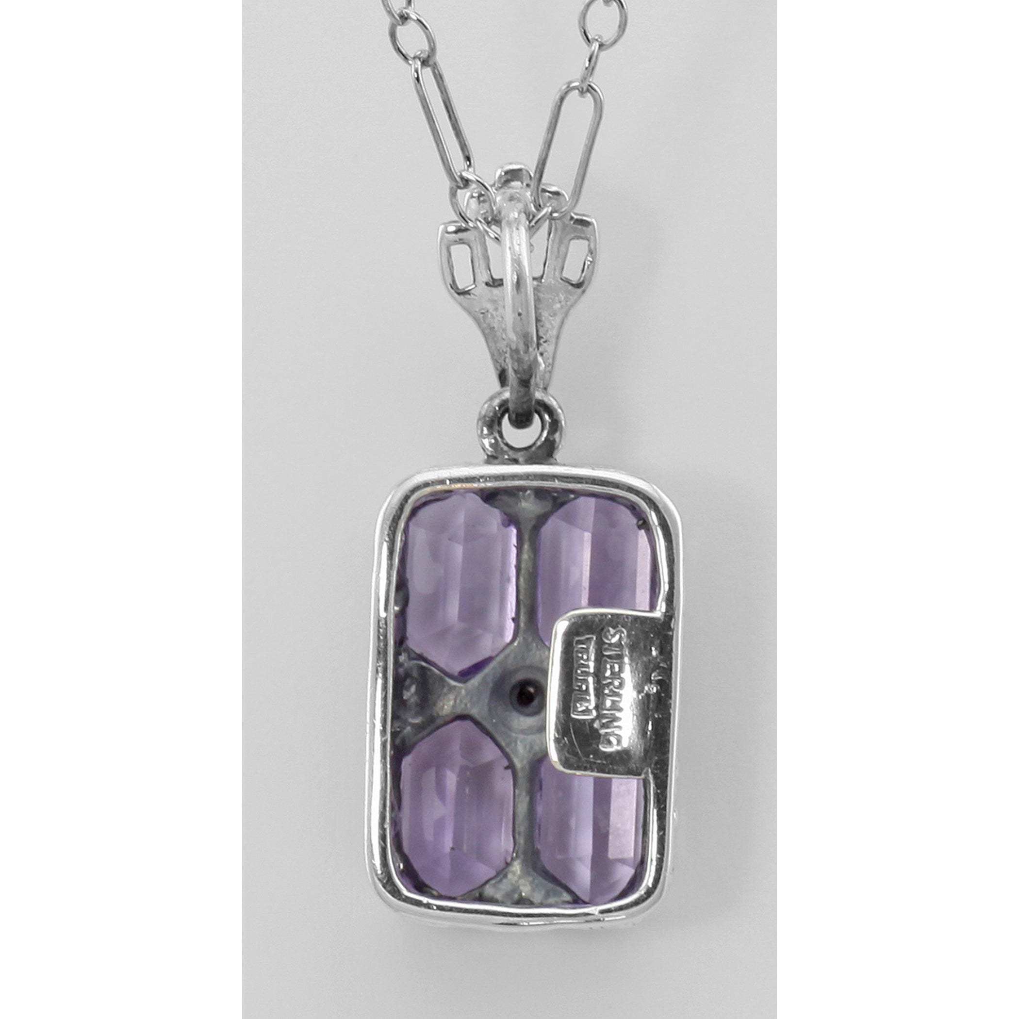 Back view of Art Deco Amethyst Filigree Diamond Pendant / 18 Chain Sterling Silver showing 925 sterling silver hallmark and s